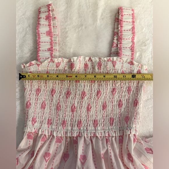 Umgee White & Pink Smocked Top Tiered Skirt Embroidered Heart Detail Maxi Dress - Picture 12 of 15